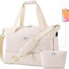 ETRONIK Travel Bag for Women, Gym Duffel Bag with USB Charging Port, Weekender Overnight Bag with Wet Pocket and Shoes Compartment for Women Travel Gym Daily Use (Beige)